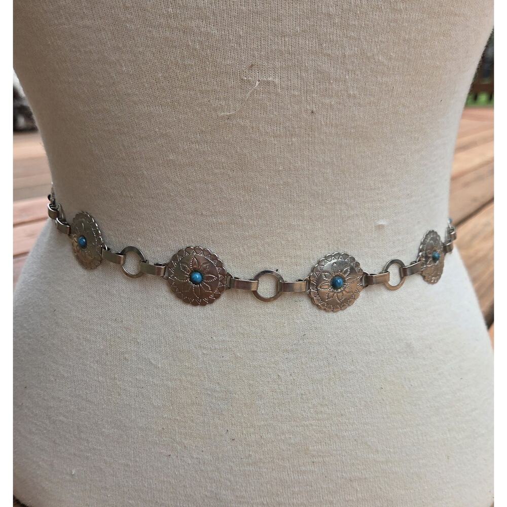 Vintage Silver Tone Floral Concho Chain Belt | Turquoise Western Boho Small - Picture 4 of 6
